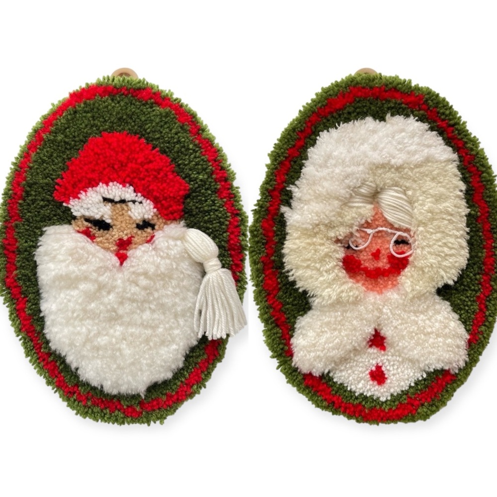 Vintage Kitschy Handmade Santa & Mrs. Claus Latch Hook Rug Wall Hangings